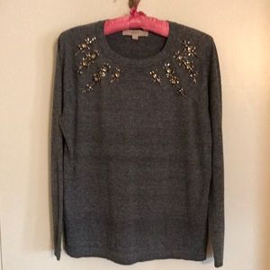 Loft sweater with beaded bling trim, Heather Gray, petite large, 100% cotton